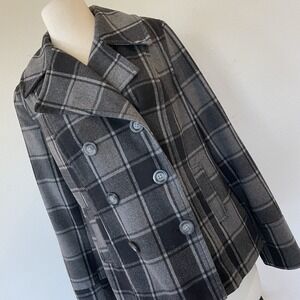 OLD NAVY Women's Gray Black Plaid Double Breasted Peacoat Jacket Medium Wool Bld